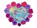 Hand painted dolphins in love in a frame of flowers