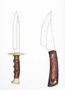 Hand painted drawing of contemporary fixed blade knives and daggers with color pencils