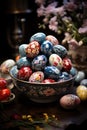 hand painted Easter eggs on a plate with an ornament on a wooden table.