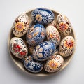 Hand painted easter eggs in plate, top view. Ukrainian pysanka, floral pattern Royalty Free Stock Photo