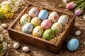 Hand Painted Easter Eggs In Rustic Wooden Box On Natural Background Royalty Free Stock Photo