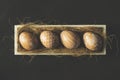 Hand painted easter eggs in wooden crate on black background, top view shot Royalty Free Stock Photo