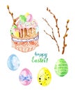 Hand painted Easter elements with easter cake in basket with colored chick eggs, willow tree branches. Easter symbols set Royalty Free Stock Photo