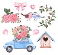 Hand painted elements for Valentines day, wedding, birthday. Watercolor blue vintage car, cute birds in love, pink and red roses