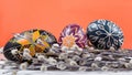 Hand painted ethnic slyle eggs on orange background