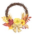 Hand painted fall holiday florsl wreath, floral decor with red and yellow tree leaves and flowers. Rustic style Royalty Free Stock Photo