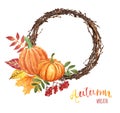 Hand painted fall wreath, pumpkin decor with red and yellow tree leaves and rowan berries. Rustic style Royalty Free Stock Photo