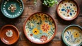 Hand-painted floral clay plates: rustic charm, vibrant blooms, perfect for spring and summer table settings. Royalty Free Stock Photo