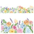 Hand painted floral seamless border set. Watercolor botanical illustration with hydrangea, wildflowers isolated.