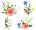 Hand painted watercolor set of bouquets made with summer meadow flowers on a white background. Royalty Free Stock Photo