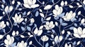 magine block print style rendering half-drop repeat pattern with leaves and flowers of magnolia campaca.ai generative