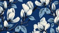 magine block print style rendering half-drop repeat pattern with leaves and flowers of magnolia campaca.ai generative