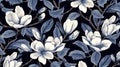 magine block print style rendering half-drop repeat pattern with leaves and flowers of magnolia campaca.ai generative