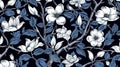 magine block print style rendering half-drop repeat pattern with leaves and flowers of magnolia campaca.ai generative