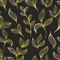 Hand painted golden botanical sheets seamless pattern. Vector