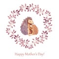 Hand painted greeting card for Mothers day with cute animal - mother hedgehog hugging her child. Watercolor