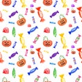 Hand painted Halloween bright pattern witch candies and spooky pumpkin.