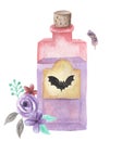 Watercolor Potion Bottle Purple Halloween Leaves Bats Arrangement