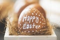 Hand painted Happy Easter Easter egg. Eggs in wooden crate Royalty Free Stock Photo