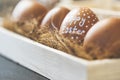 Hand painted Happy Easter Easter egg. Eggs in wooden crate Royalty Free Stock Photo