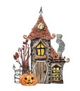 Hand painted haunted house illustration. Watercolor spooky house, jack o lantern pumpkin, old tree, isolated. Halloween party