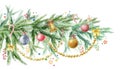 Hand painted Holiday illustration christmas tree branch isolated on white background. Christmas tree decorated with gold Royalty Free Stock Photo