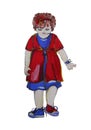 Hand painted illustration of a child. Girl with curly hair wears mismatched shoes.