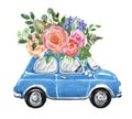 Hand painted illustration of cute blue retro car and pink floral bouquet. Wedding getaway car, flowers and greenery foliage. Royalty Free Stock Photo