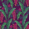 Hand painted illustration of Heliconia flower. Seamless pattern