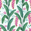 Hand painted illustration of Heliconia flower. Seamless pattern