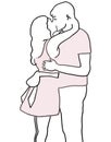 Hand painted illustration of hugging and kissing romantic couple, free hand Line ink sketch Royalty Free Stock Photo
