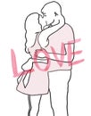 Hand painted illustration of hugging and kissing romantic couple with word Love.Line ink sketch Royalty Free Stock Photo