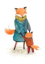 Hand painted illustration of a mother-fox and her child, playing tohether