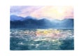 Hand-painted illustration with mountains, sunset sky, lake and reflections on water. Painted in watercolors on rough paper.