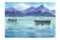 Hand-painted illustration with mountains, two boats, blue sky and lake view. Royalty Free Stock Photo