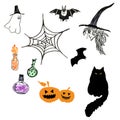 Halloween hand drawn elements set. Black cat, witch, bat, spooky carved pumpkins, potion bottles ghost. Royalty Free Stock Photo