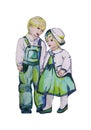 Hand painted illustration of two children. Twins. Boy and girl.