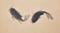 Hand painted ink brush painting of two carp fishes in oriental style