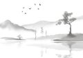 Hand painted japanese styled watercolour landscape background Royalty Free Stock Photo