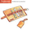 Hand painted leather case with tools. Profession, hobby, craft illustration. Watercolor. Profession instrument. Men`s