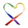 Hand painted LGBT rainbow ribbon in heart shaped on white background