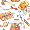 Hand painted men`s work illustration. Seamless pattern with carpentry tools. Watercolor axe, knife, hammer, helmet