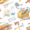 Hand painted men`s work illustration. Seamless pattern with carpentry tools. Watercolor toolbox, roulette, hammer