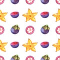Pattern with watercolor slices and whole mangosteen and carambola Royalty Free Stock Photo