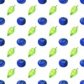 Minimalist seamless pattern with watercolor blueberries green leaves