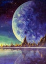 Hand painted oil painting big moon planet earth starry sky, dawn glow in sea ocean behind mountains. Fairytale for book or fairy t Royalty Free Stock Photo