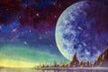 Hand painted oil painting big moon planet earth starry sky, dawn glow in sea ocean behind mountains. Fairytale for book Royalty Free Stock Photo