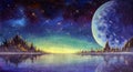 Hand painted oil painting big moon planet earth starry sky, dawn glow in sea ocean behind mountains Royalty Free Stock Photo