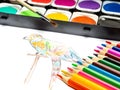 Hand-painted parrot with colored pencils and paint box Royalty Free Stock Photo