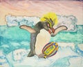 Hand painted penguin and an egg with icebergs in the background Royalty Free Stock Photo